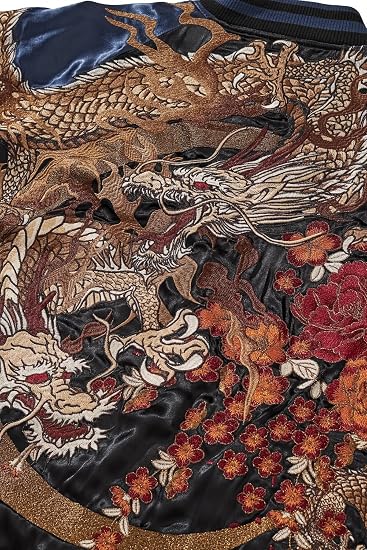 Japanese Style Dragon Embroidered Satin Bomber Jacket