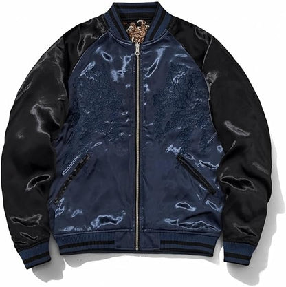 Japanese Style Dragon Embroidered Satin Bomber Jacket