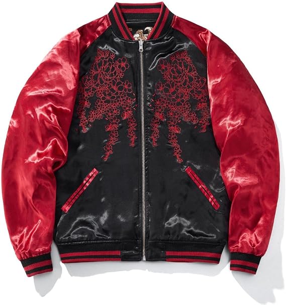 Japanese Style Dragon Embroidered Satin Bomber Jacket
