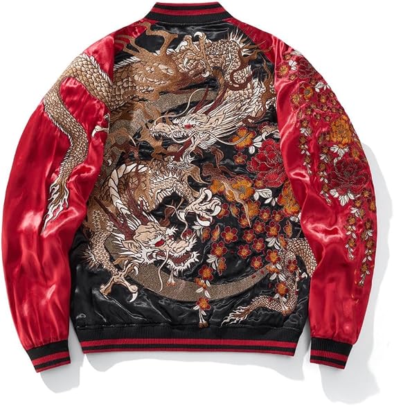 Japanese Style Dragon Embroidered Satin Bomber Jacket