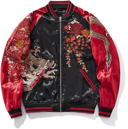Japanese Style Dragon Embroidered Satin Bomber Jacket