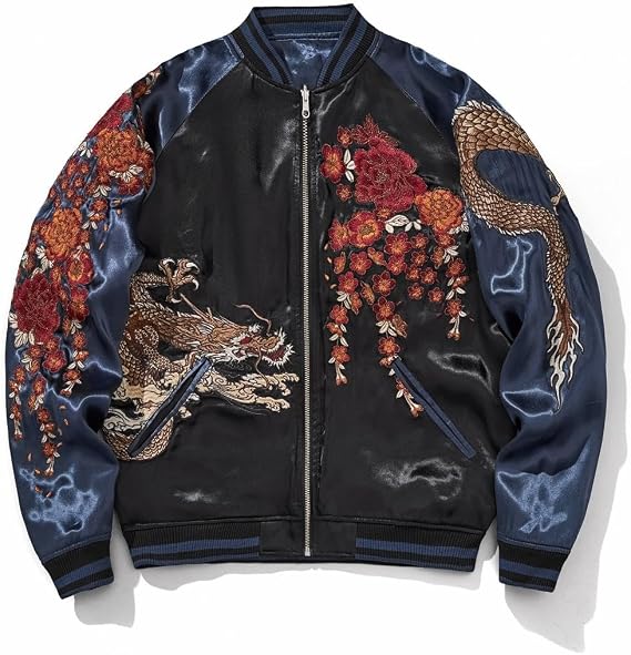 Japanese Style Dragon Embroidered Satin Bomber Jacket