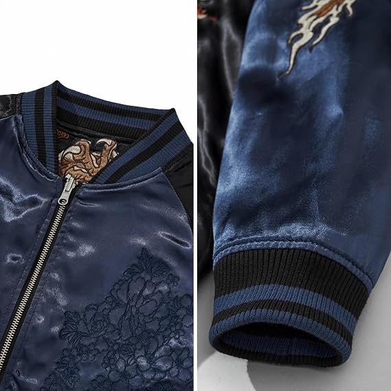 Japanese Style Dragon Embroidered Satin Bomber Jacket