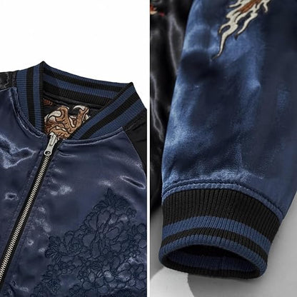 Japanese Style Dragon Embroidered Satin Bomber Jacket