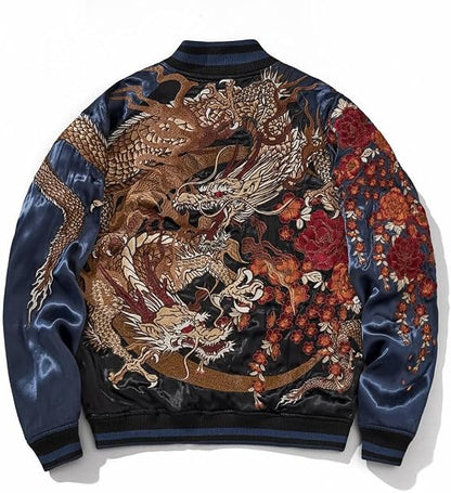 Japanese Style Dragon Embroidered Satin Bomber Jacket