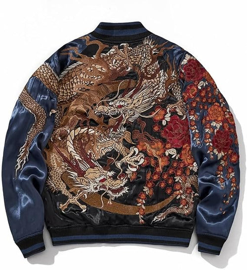 Japanese Style Dragon Embroidered Satin Bomber Jacket