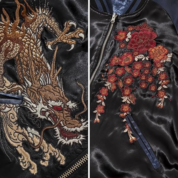 Japanese Style Dragon Embroidered Satin Bomber Jacket