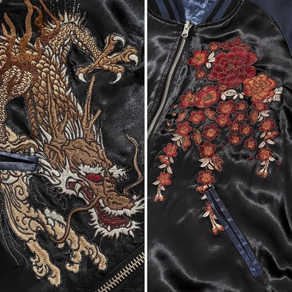 Japanese Style Dragon Embroidered Satin Bomber Jacket